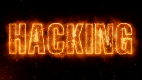 hacking word hot burning on realistic fire flames sparks and smoke continuous seamlessly loop animation