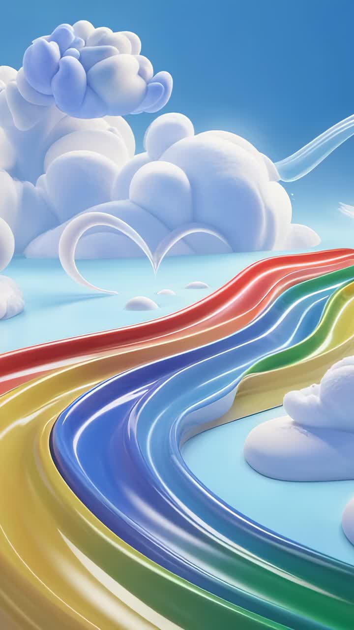 Vertical video: Emerging rainbow ribbon flowing over clouds above blue plane, fantasy sky