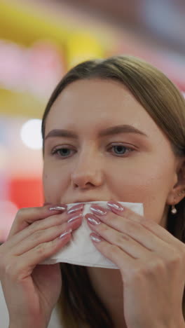mujer joven sentada sola en una mesa en el centro comercial, doblando papel de pañuelo para limpiar su boca después de disfrutar de una comida en un ambiente relajado, fondo borroso colorido con luces vibrantes
