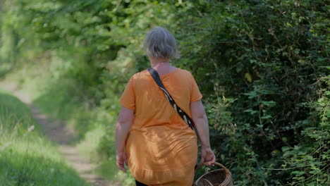 Dicke-ältere-Frau-Mit-Orangefarbenem-T-Shirt,-Die-An-Einem-Hellen,-Sonnigen-Mittagstag-Umgeben-Von-Bäumen-In-Zeitlupe-Mit-Einem-Holzkorb-Durch-Den-Grünen-Wald-Geht