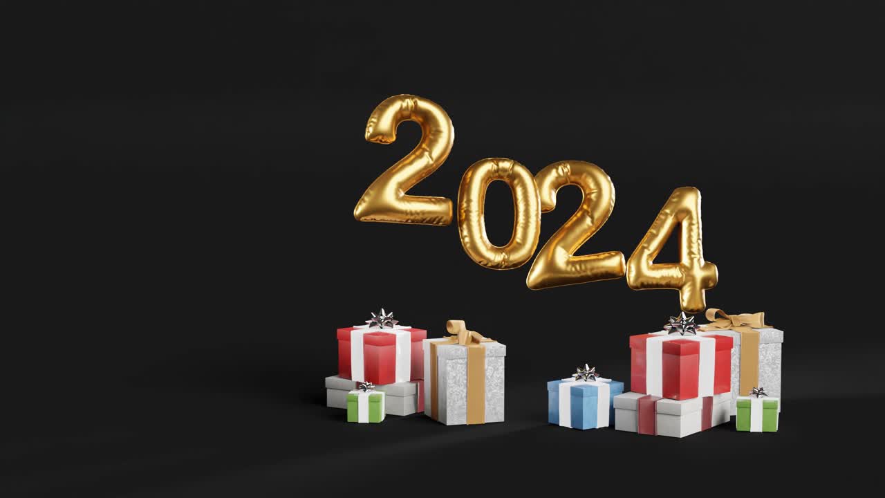 celebrando el 2024 con globos dorados y regalos sobre fondo negro