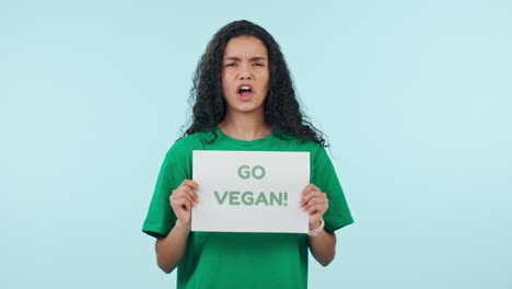 Happy,-vegan-and-face-of-woman-with-sign