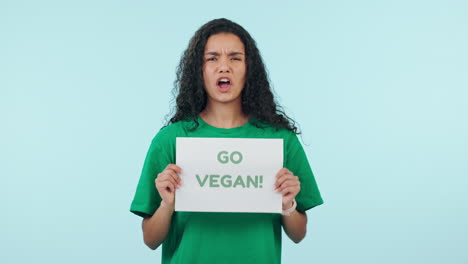 happy, vegan and face of woman with sign