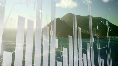 financial data processing animation over coastal landscape with mountains and ocean