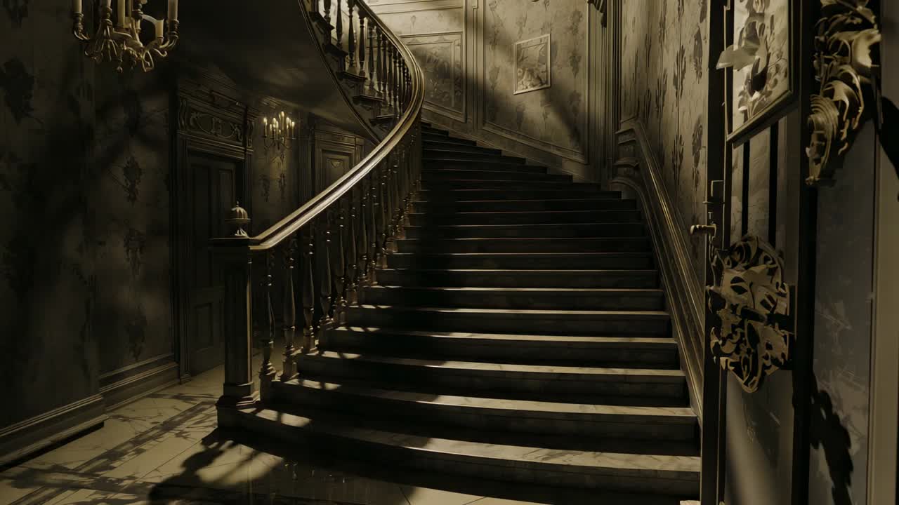 Raggio di luce intenso che illumina la scalinata nell'atrio di un palazzo, mettendo in risalto il lampadario
