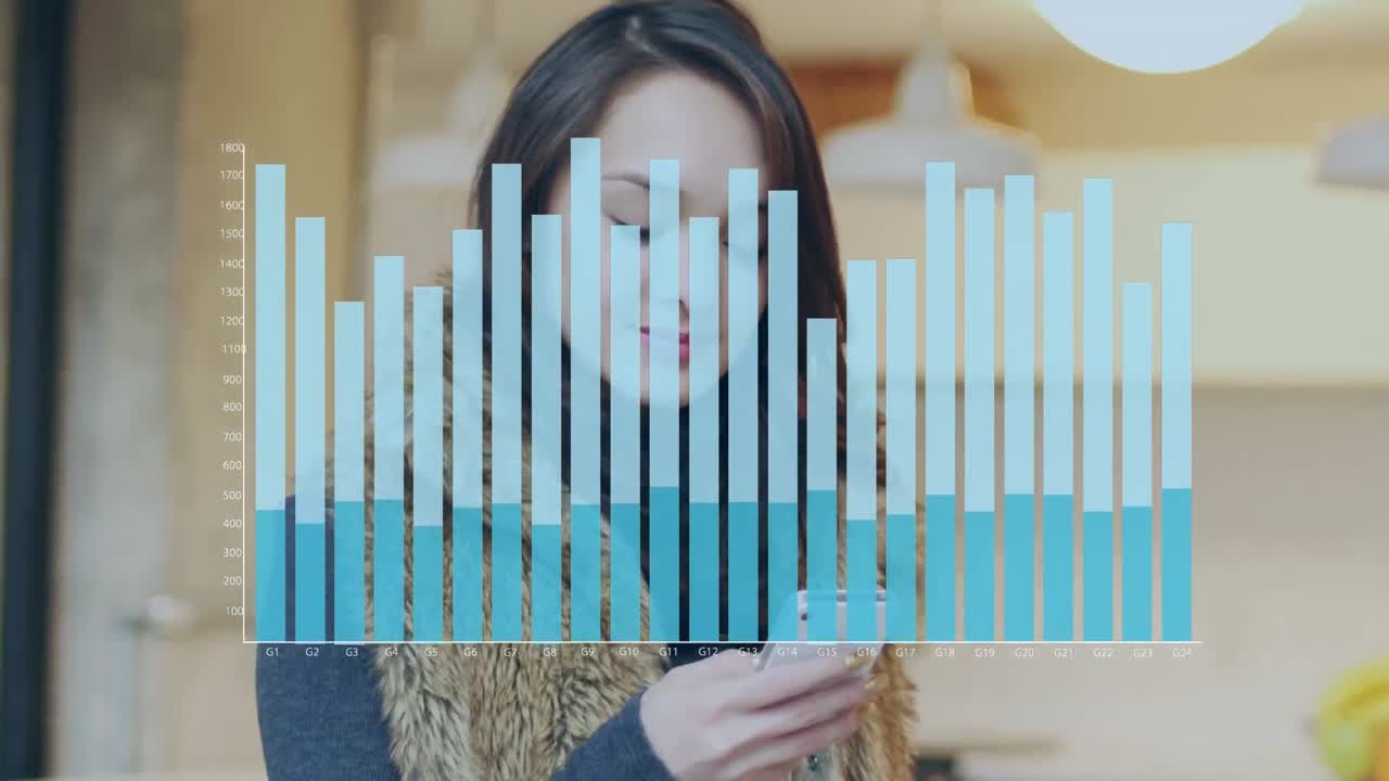 animación de gráfico sobre mujer caucásica usando teléfono inteligente