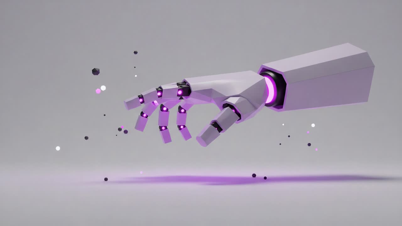 A Dynamic Robotic Hand Extending Towards the Viewer, Showcasing Advanced Technology with a Purple Glow and Floating Particles in a Minimalist Environment