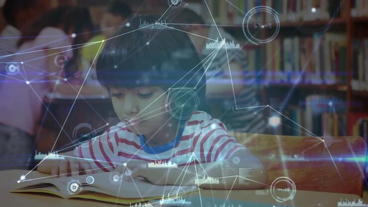 Animation of network of connections over diverse schoolchildren in library