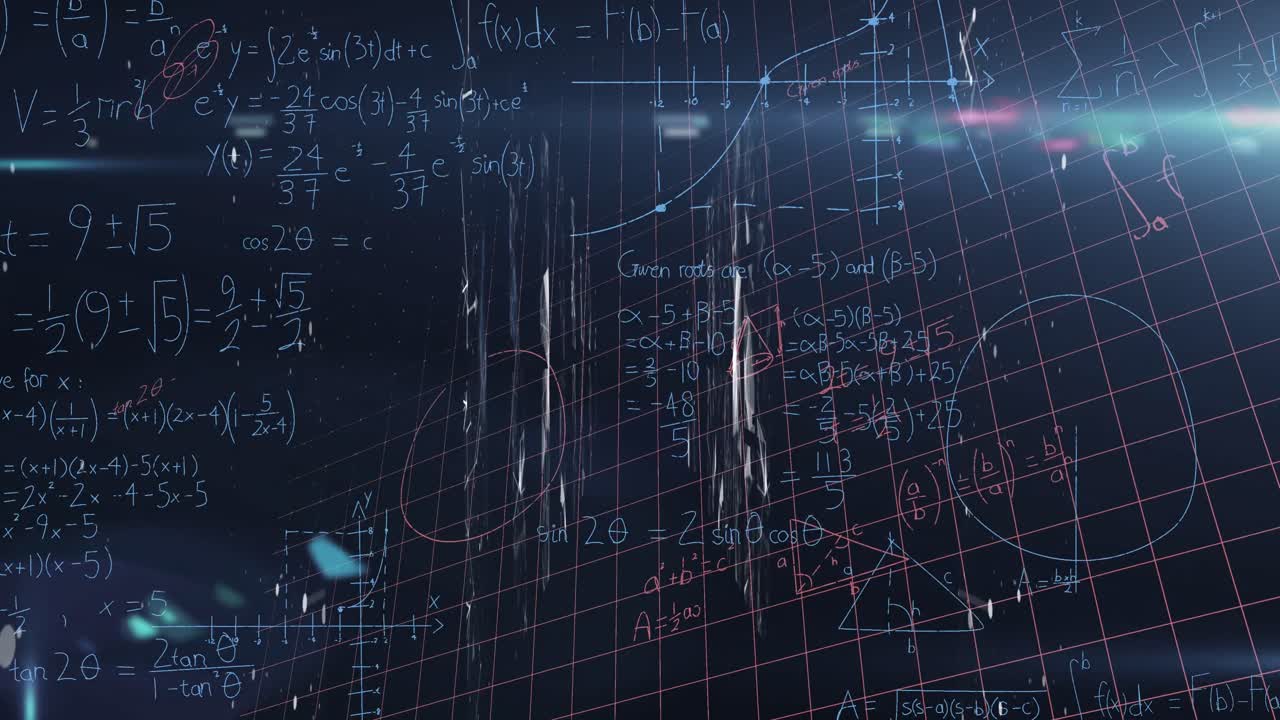 Animation of mathematical equations over network of connections on black background