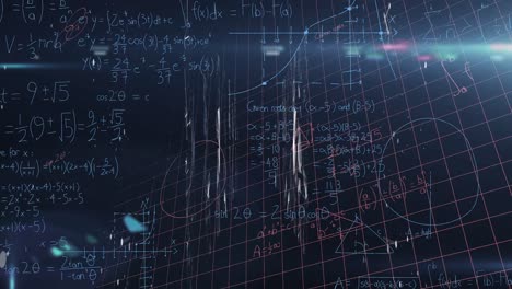 animation of mathematical equations over network of connections on black background
