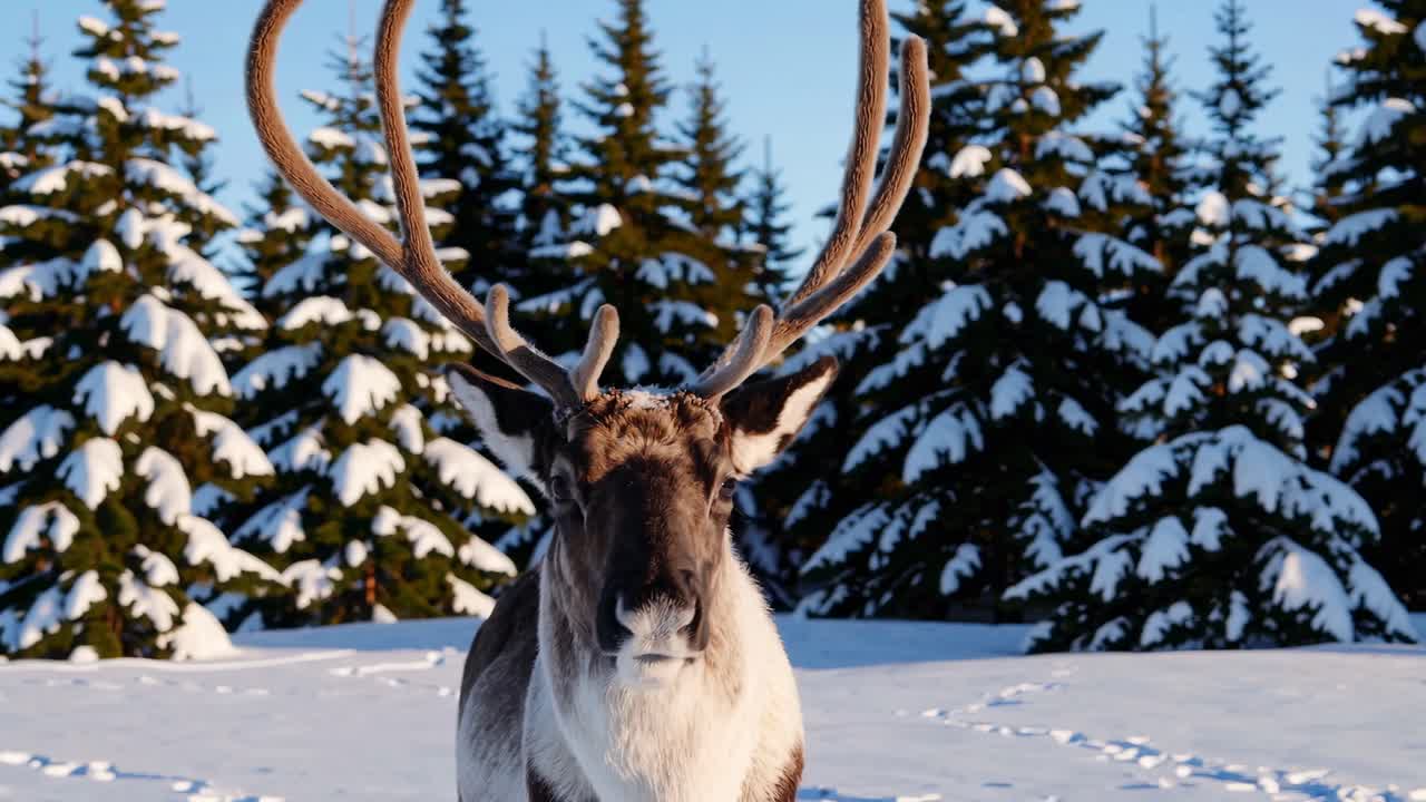 Close-up video angle of a reindeer in a snowy forest, highlighting its antlers