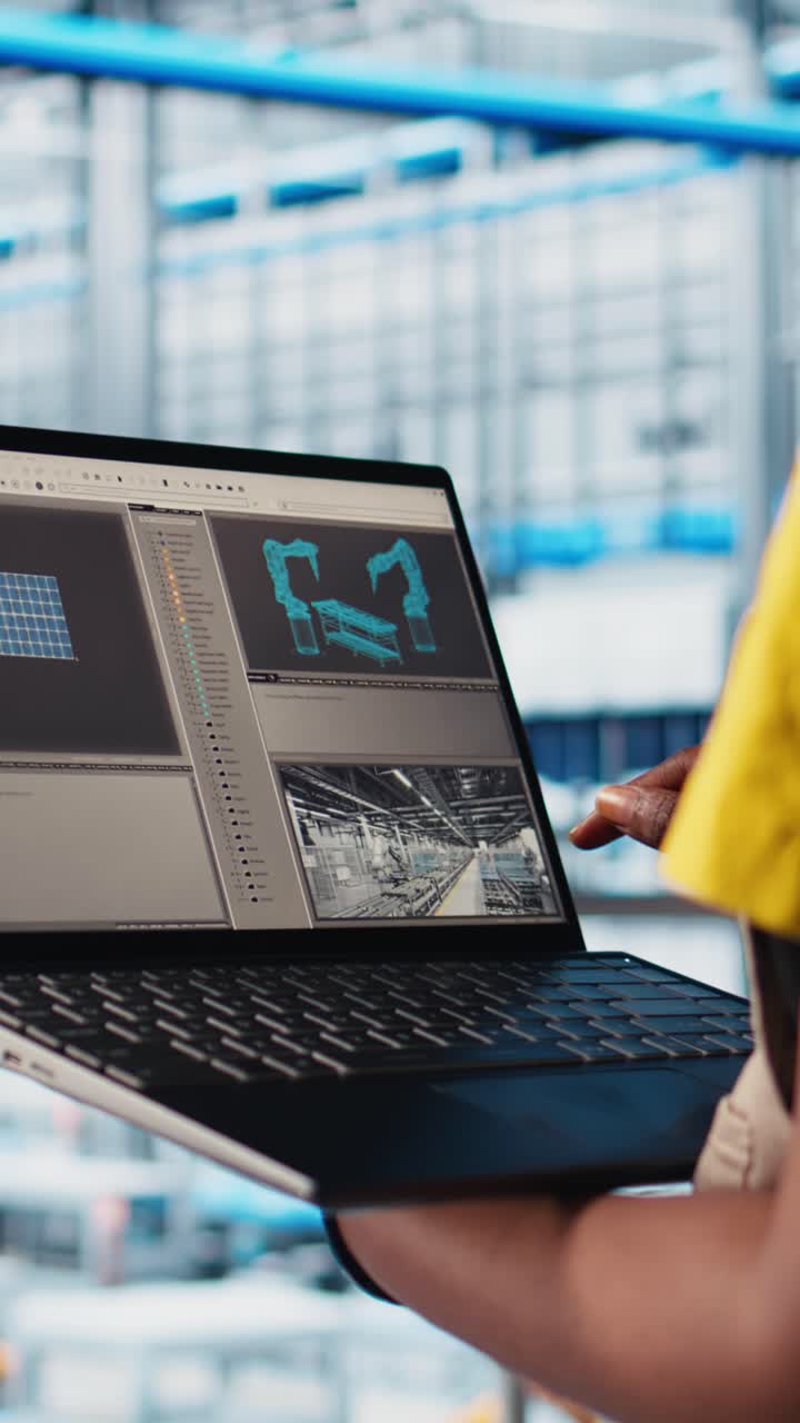 Vertical video Industry 4.0 solar panels plant worker tracking energy production using laptop