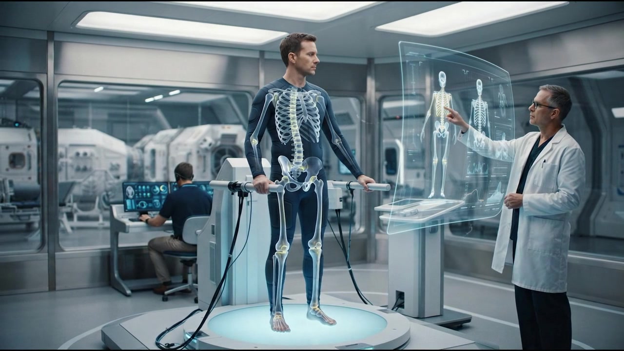 Medico che analizza lo scheletro di un paziente su un display olografico futuristico
