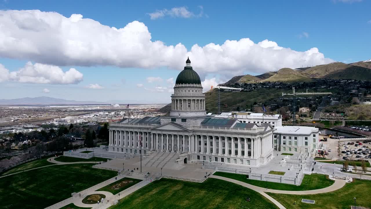 Midday drone shot of the Utah State Capitol Building