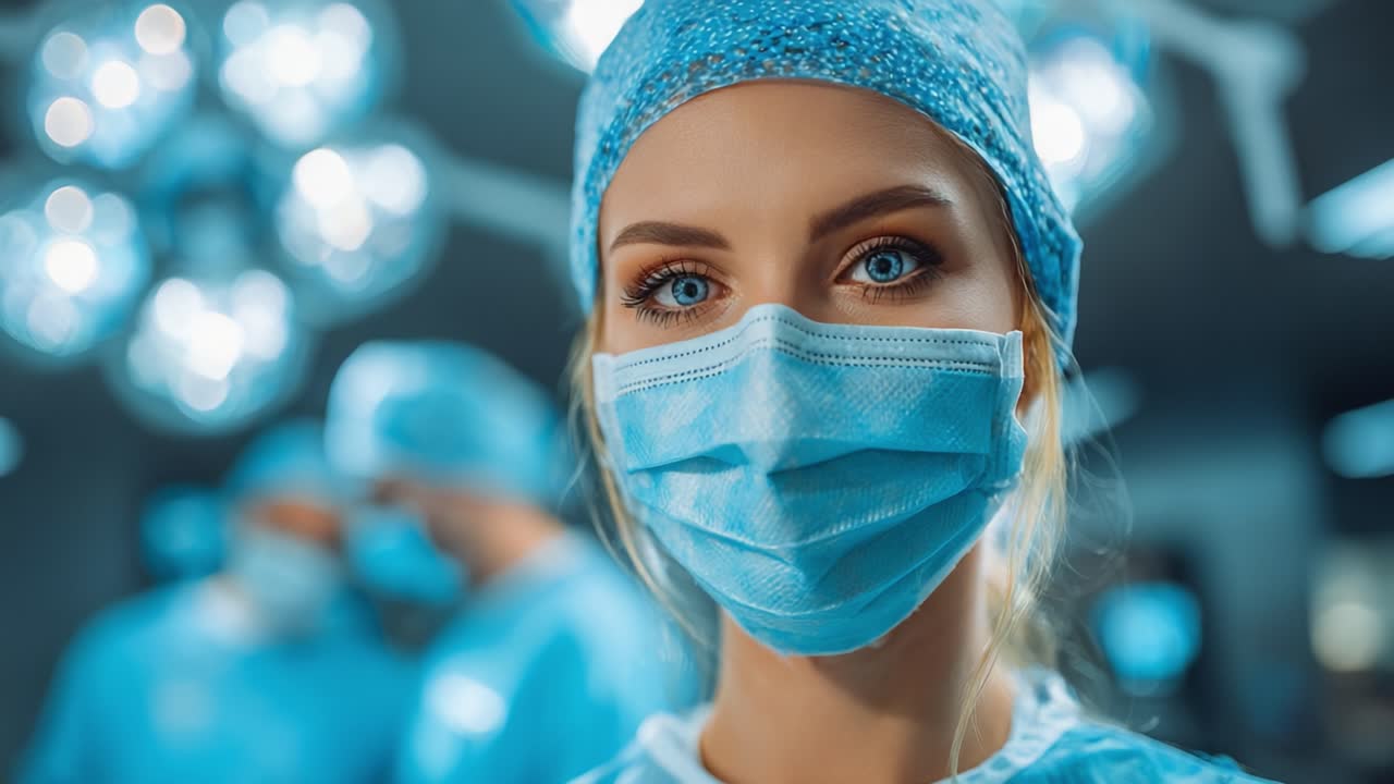 A focused healthcare professional in a surgical setting, showcasing concentration and dedication to patient care, surrounded by colleagues in similar attire, emphasizing teamwork and expertise