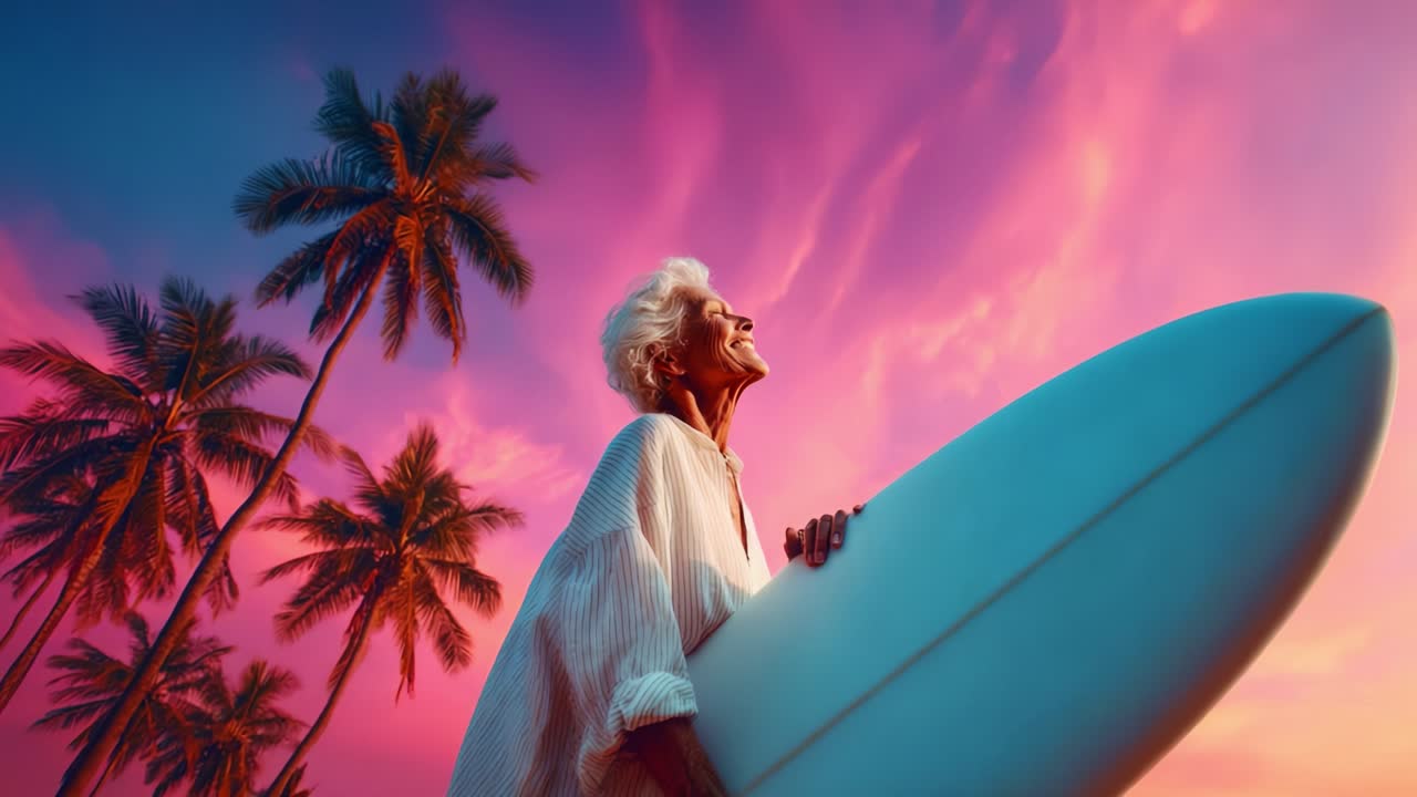 An Inspiring Surfing Journey: An Elderly Individual Embracing Passion and Adventure Under a Stunning Sunset, Surrounded by Palm Trees, Carrying a Surfboard with a Joyful Smile