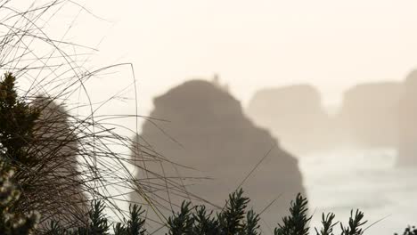 A serene, misty view of the Twelve Apostles along the Great Ocean Road, captured with gentle camera movement and soft lighting