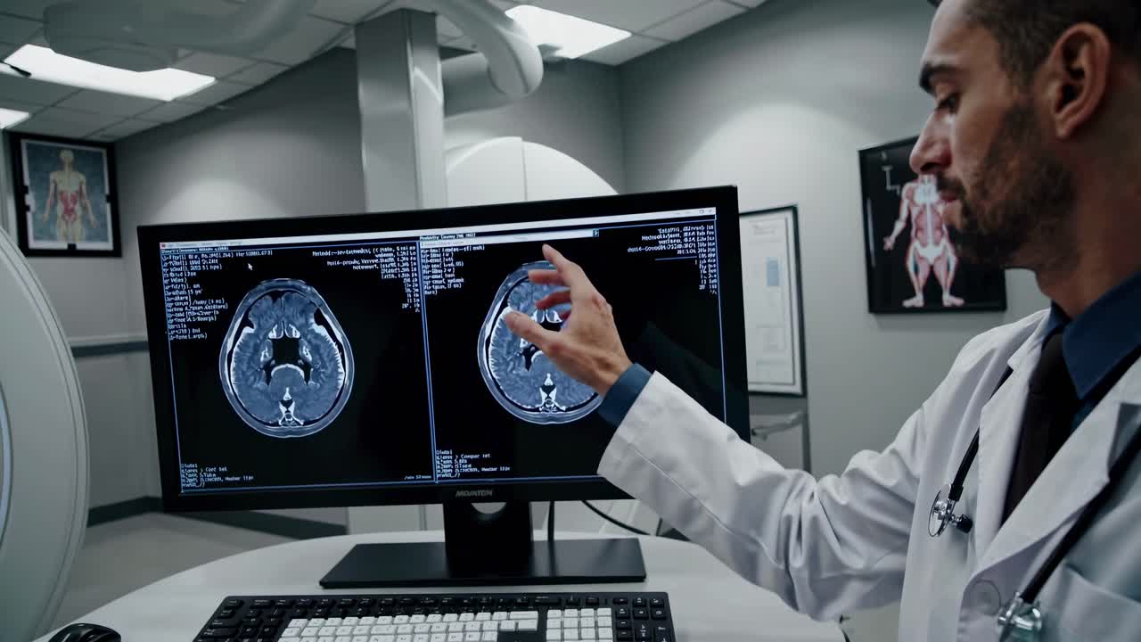 Un medico esamina le scansioni cerebrali su un monitor in un laboratorio moderno. Il video cattura un angolo laterale.