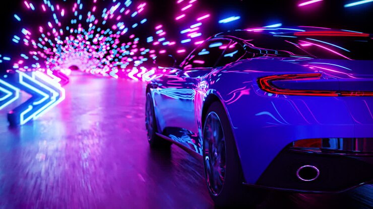 The sports car rushes along the night road. Rear view. Infinitely looped animation.