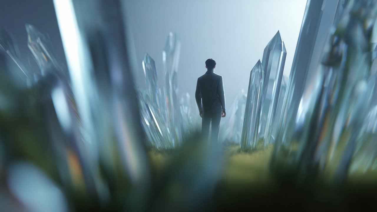 A solitary figure stands surrounded by shimmering crystals, evoking a sense of wonder and exploration in a surreal, dreamlike landscape of reflections and light