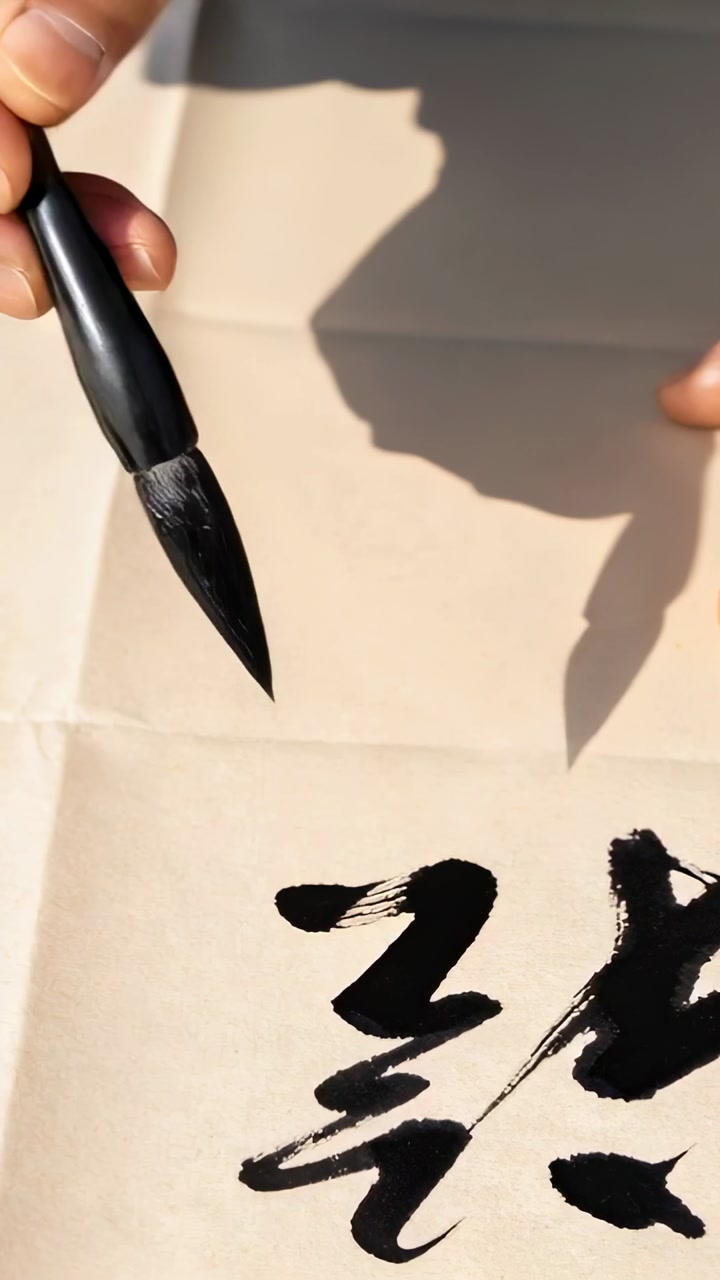 Vertical video: Touching artist's brush to paper, hand creating bold ink strokes at table for study