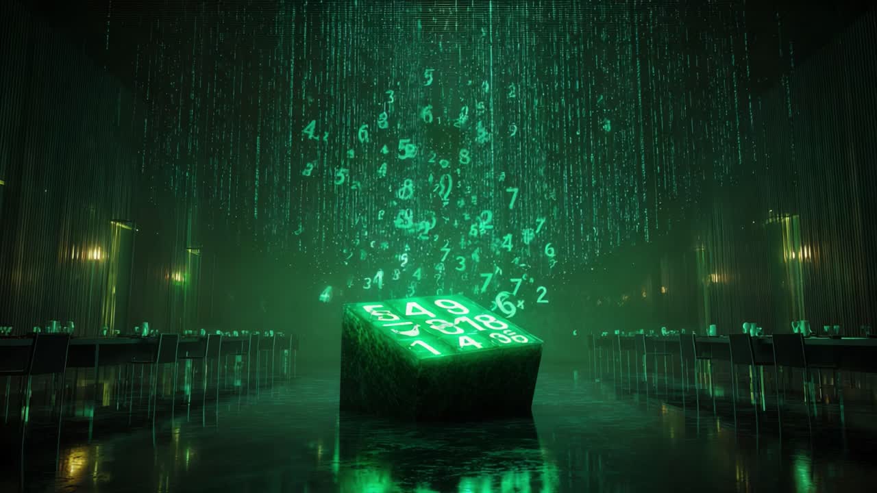 Glowing green numbers and binary code flowing upwards from a mysterious dark cube in a futuristic, matrix style environment with long tables, symbolizing big data and modern technology
