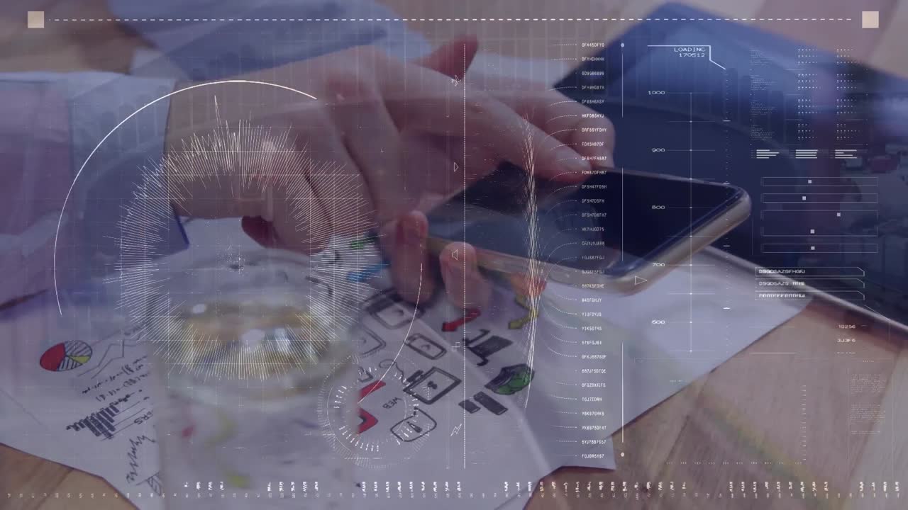 animación del globo con conexiones y datos sobre empresario caucásico utilizando dispositivos electrónicos