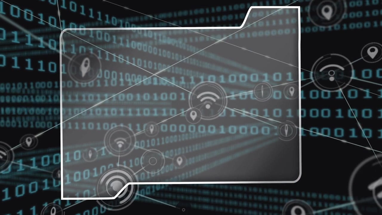 Digital Folder Icon with Network Connectivity and Binary Data Background