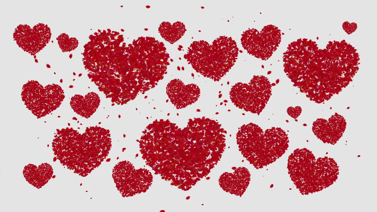 Abstract animation of flying hearts and small particles on white background. Romantic love pattern.