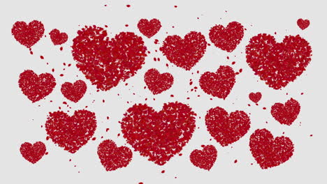 abstract animation of flying hearts and small particles on white background. romantic love pattern.
