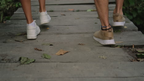 couple walking on a wooden path