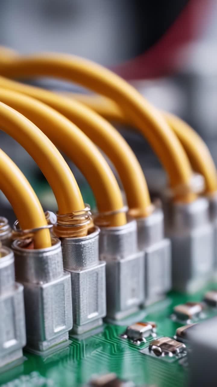 Detailed close-up of electronic circuit board connectors showcasing yellow wires and metallic pieces, highlighting intricate design and technology in modern electronics
