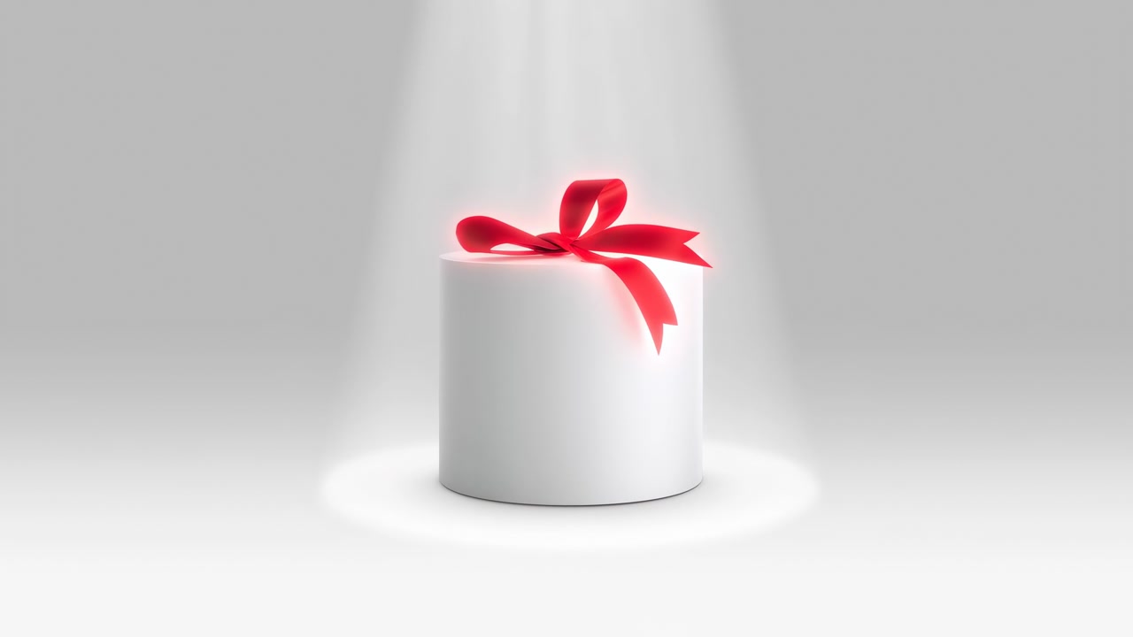 Scatola regalo bianca con nastro rosso sotto i riflettori in una scena da studio minimale che mostra packaging di lusso e marchio