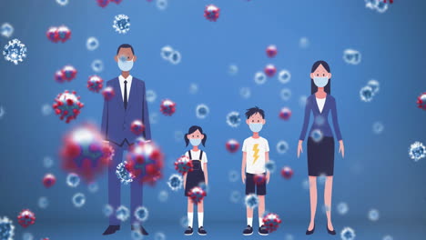 las células del coronavirus se extienden por la familia con máscaras.