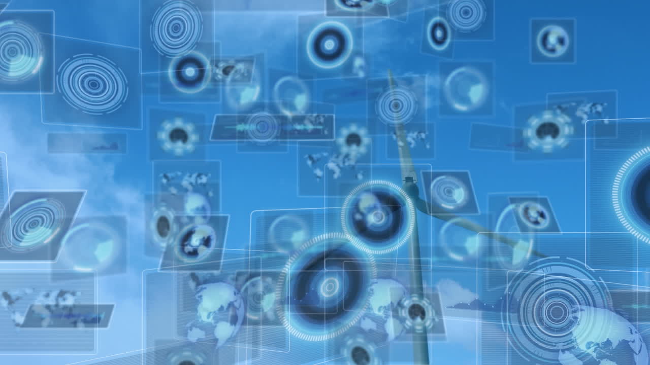 풍력 터빈 위의 범위 스캐닝과 함께 데이터 처리의 애니메이션