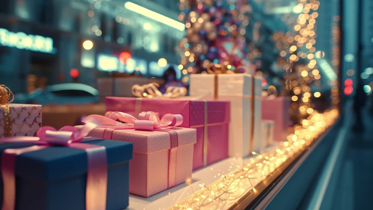 Festive Christmas Gifts in a City Window Display