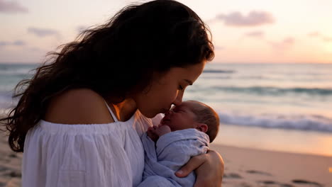 tender moments: mother and newborn baby on a sunset beach