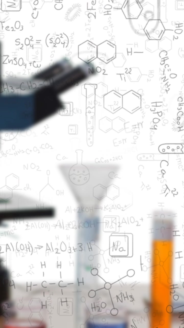 Digital composition of chemicals equations and structures floating against microscope and test tubes
