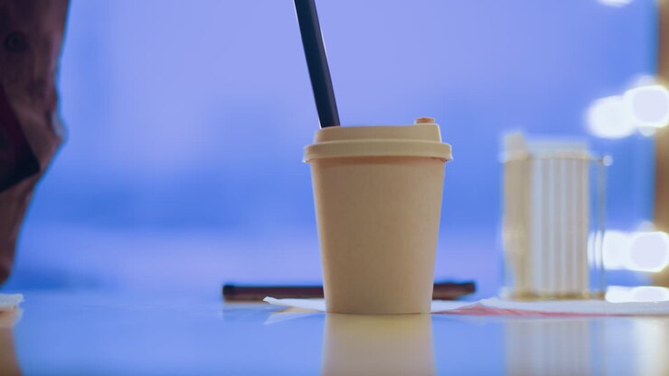 Paper coffee cup with plastic lid and black straw sits on wooden table in cozy caf with blue bokeh lights in background, evoking warmth, calm, and relaxed atmosphere with subtle modern indoor ambiance