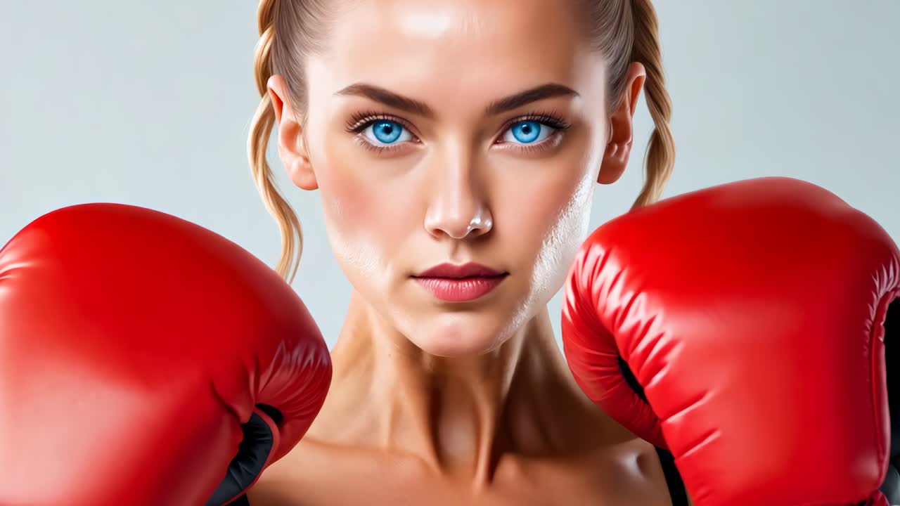 Una donna che indossa guantoni da boxe rossi con gli occhi azzurri