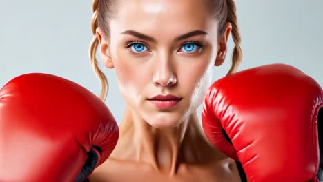 una mujer con guantes de boxeo rojos con ojos azules