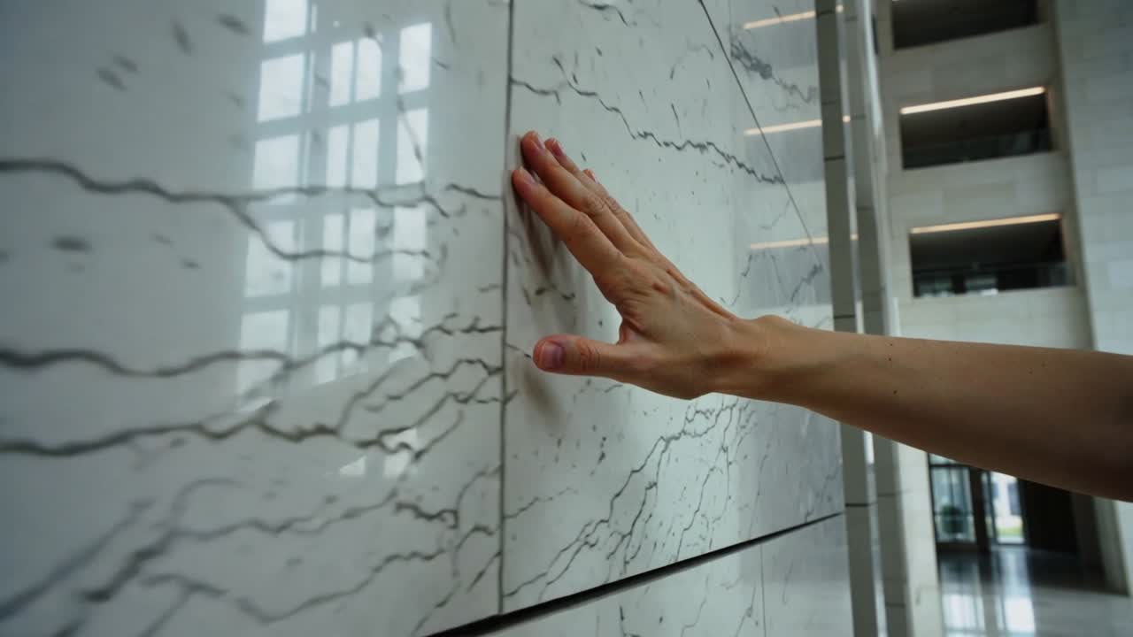 Sisään ojentuva käsi painaa kämmentä atrium-marmoriseinään, tarkistaa pinnan, kopiotila.