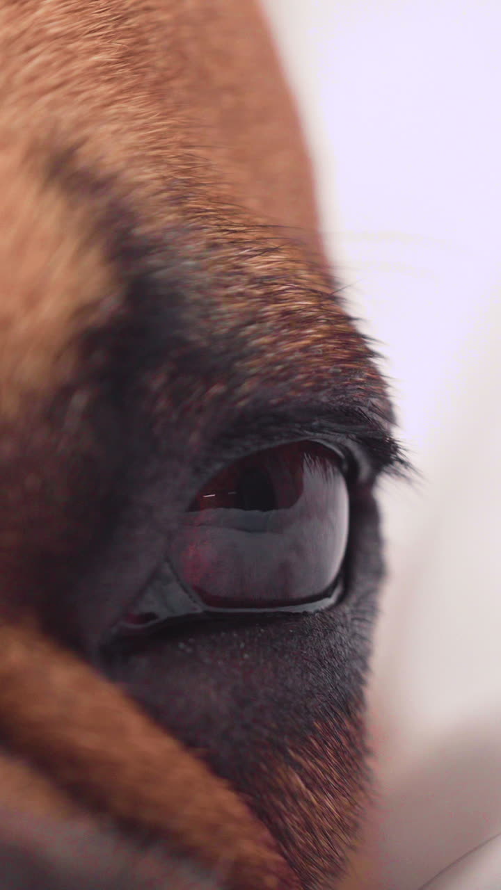 Uma visão detalhada do pelo ao redor do olho de um cachorro. Ideal para promoções de cuidados com animais de estimação, documentários sobre animais ou conteúdo educacional. Câmera estática travada