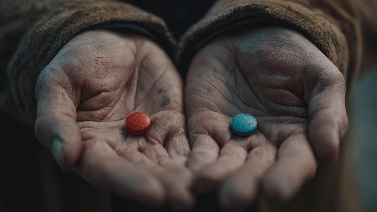 Una scelta che fa riflettere: Una persona tiene due pillole distinte nelle mani, simboleggiando percorsi divergenti e sfide nelle decisioni di vita.