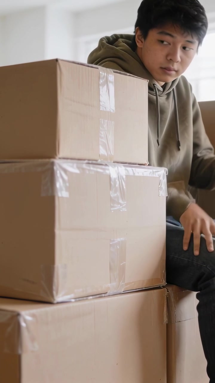Vertical video: Glancing man in hoodie, jeans reflecting beside 3 boxes by window, copy space