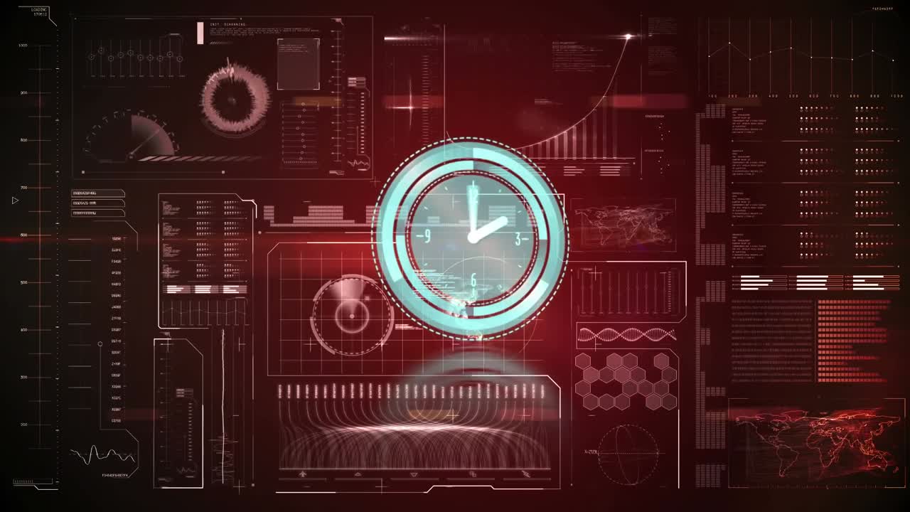 Animation of clock moving over data on red background
