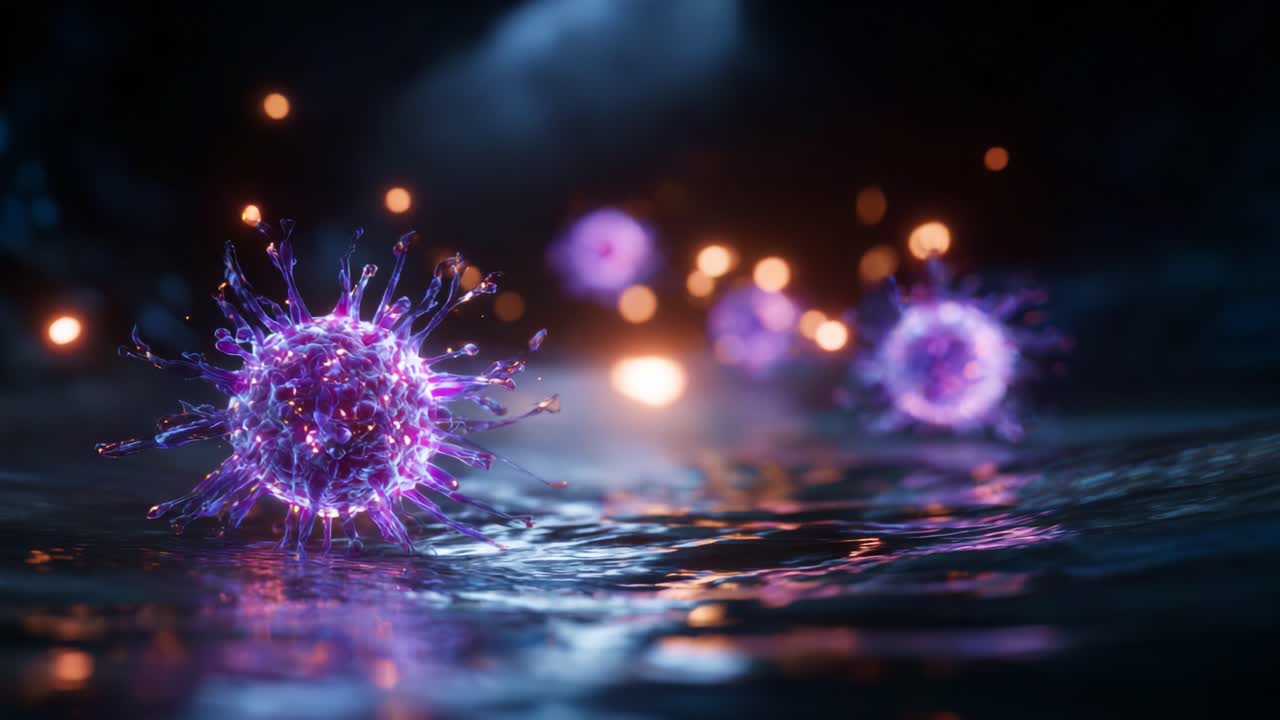 Vita microbica vibrante: visualizzazione accattivante di microrganismi colorati che prosperano in ambienti liquidi con intriganti riflessi di luce e bellezza eterea