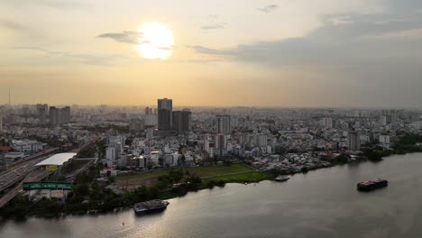 aerial view of ho chi minh city street, vietnam at sunset