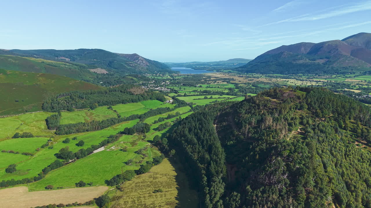 Scenic aerial view of the English countryside, hills and Bassenthwaite Lake (Lake District)