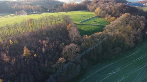 Luftnaturlandschaft-Des-Ländlichen-Gebiets-Warmer-Bunter-Wald-Und-Grünes-Ackerland